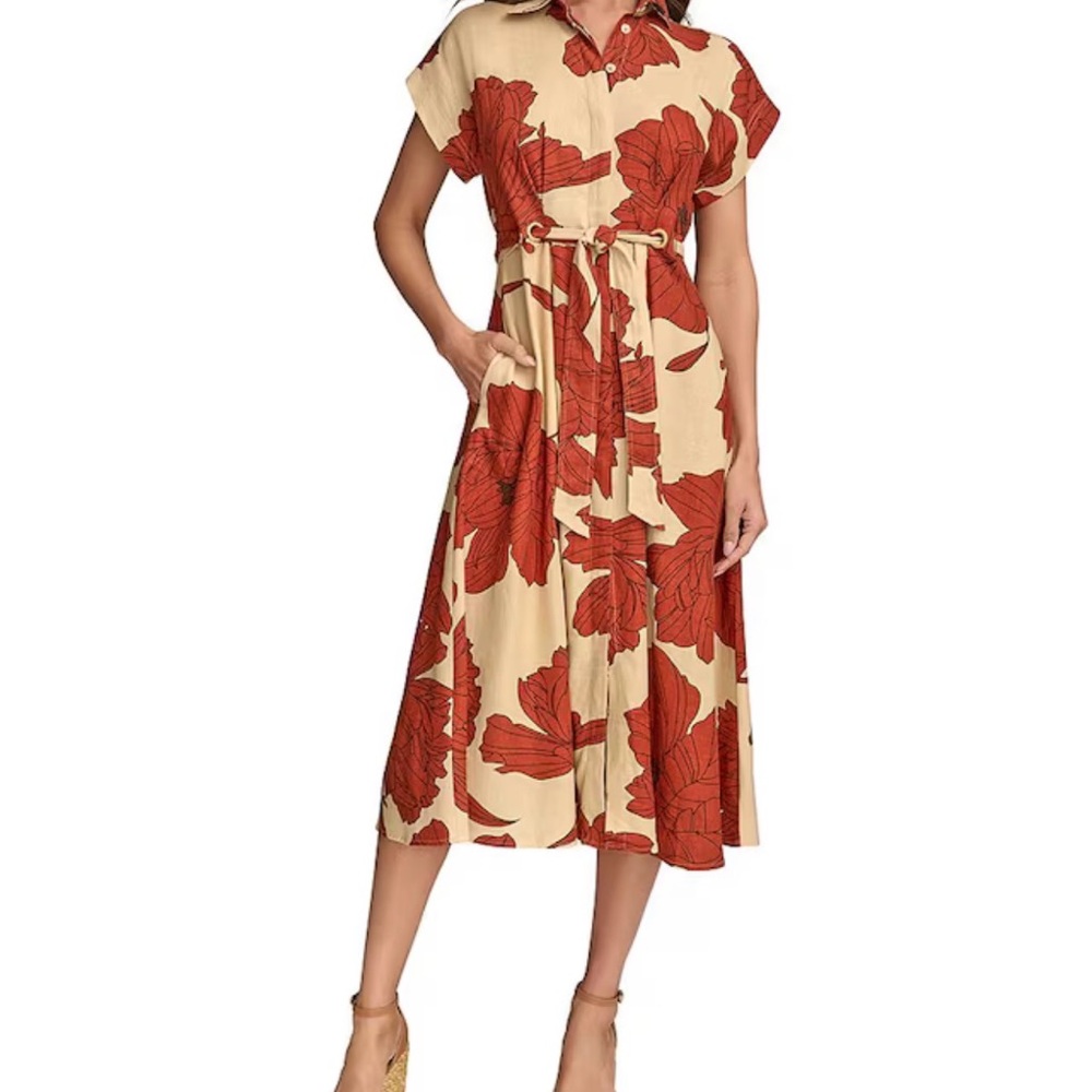 Button-Front Beige and Rust Floral Midi Dress